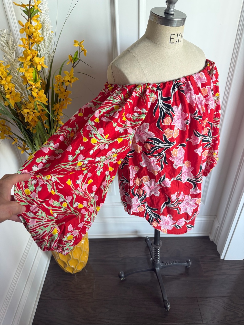 Free People Red Floral Off-Shoulder Peasant Top